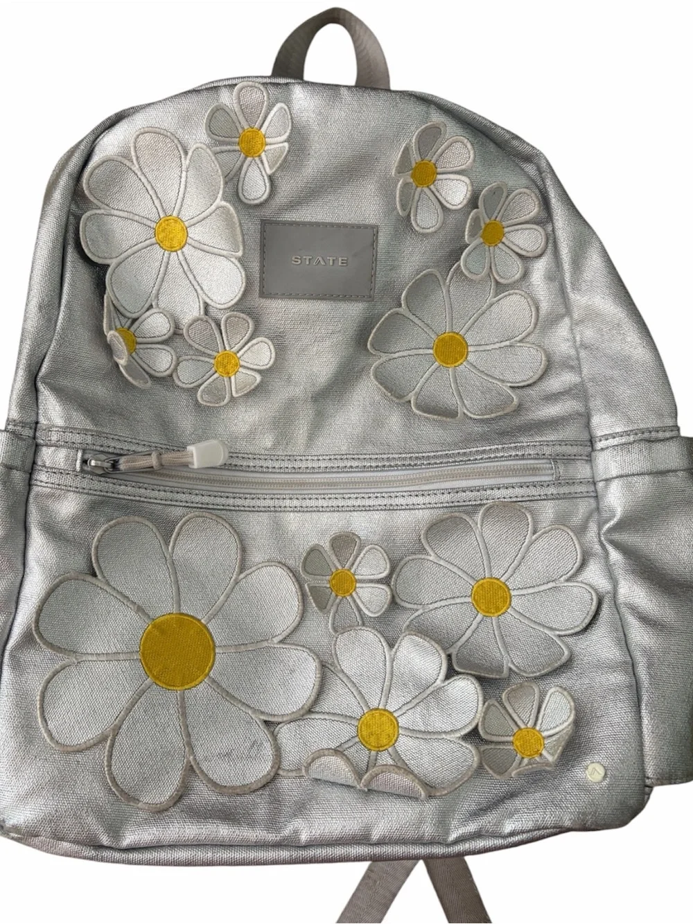 STATE Kane Double Pocket Metallic Silver Daisy Backpack with Yellow Centers